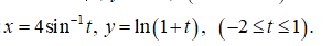 x = 4 sint, y= In(1+t), (-2<t <1).
