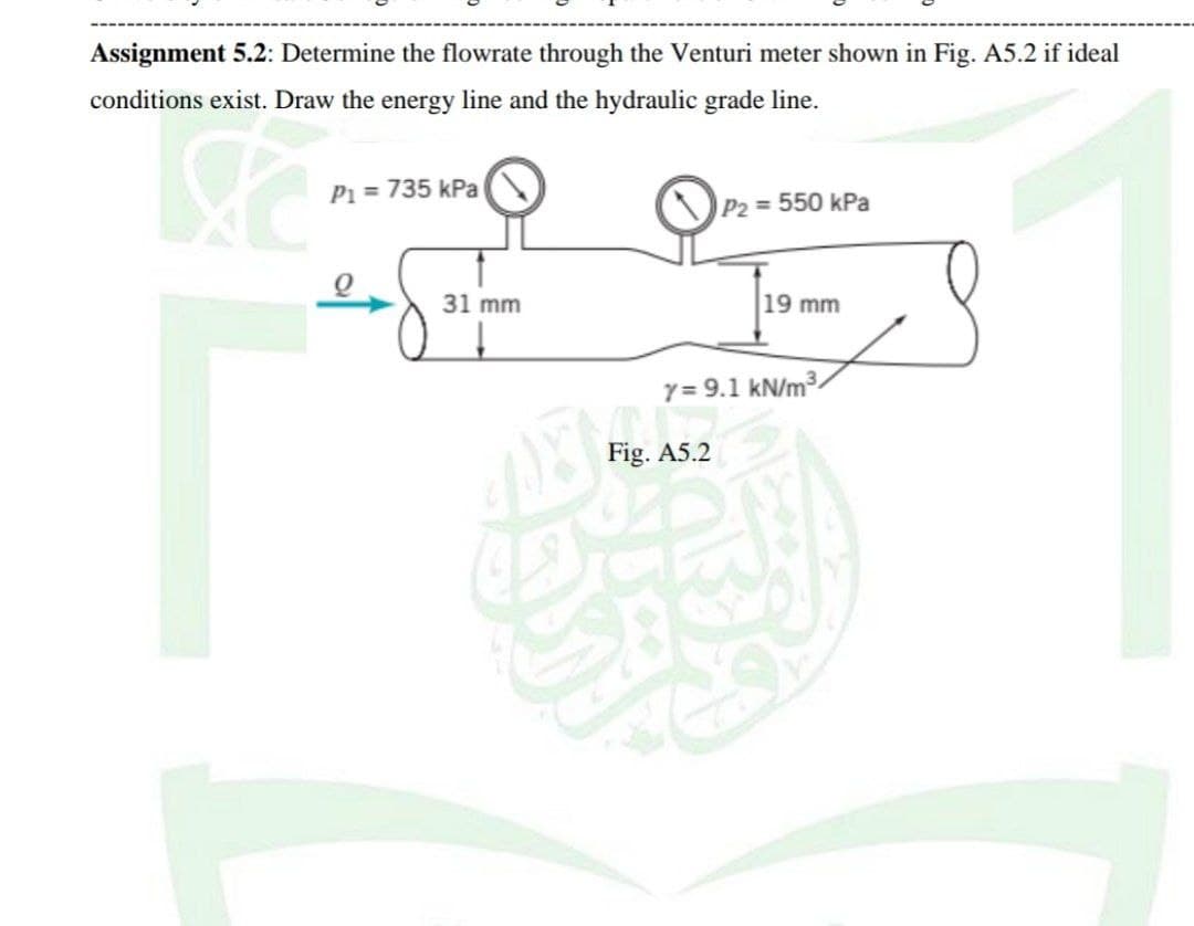 Assignment 5.2: Determine the flowrate through the Venturi meter shown in Fig. A5.2 if ideal
conditions exist. Draw the energy line and the hydraulic grade line.
&
P1 = 735 kPa
31 mm
405)
P2 = 550 kPa
Fig. A5.2
19 mm
7= 9.1 kN/m³,