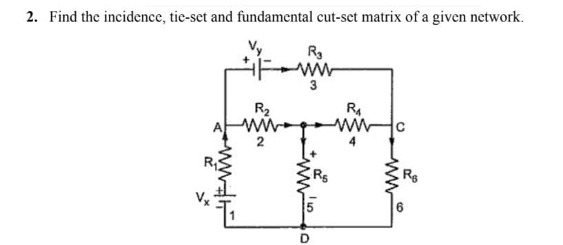 2. Find the incidence, tie-set and fundamental cut-set matrix of a given network.
Rg
ww
3
R4
R2
ww
2
C
4
R6
