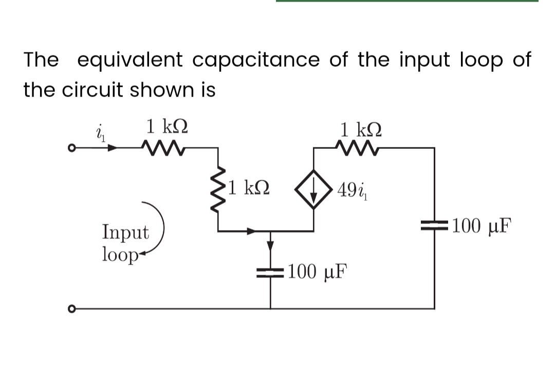 The equivalent capacitance of the input loop of
the circuit shown is
2₁
1 ΚΩ
M
Input
loop
1 ΚΩ
1 ΚΩ
49i₁
=100 μF
100 με