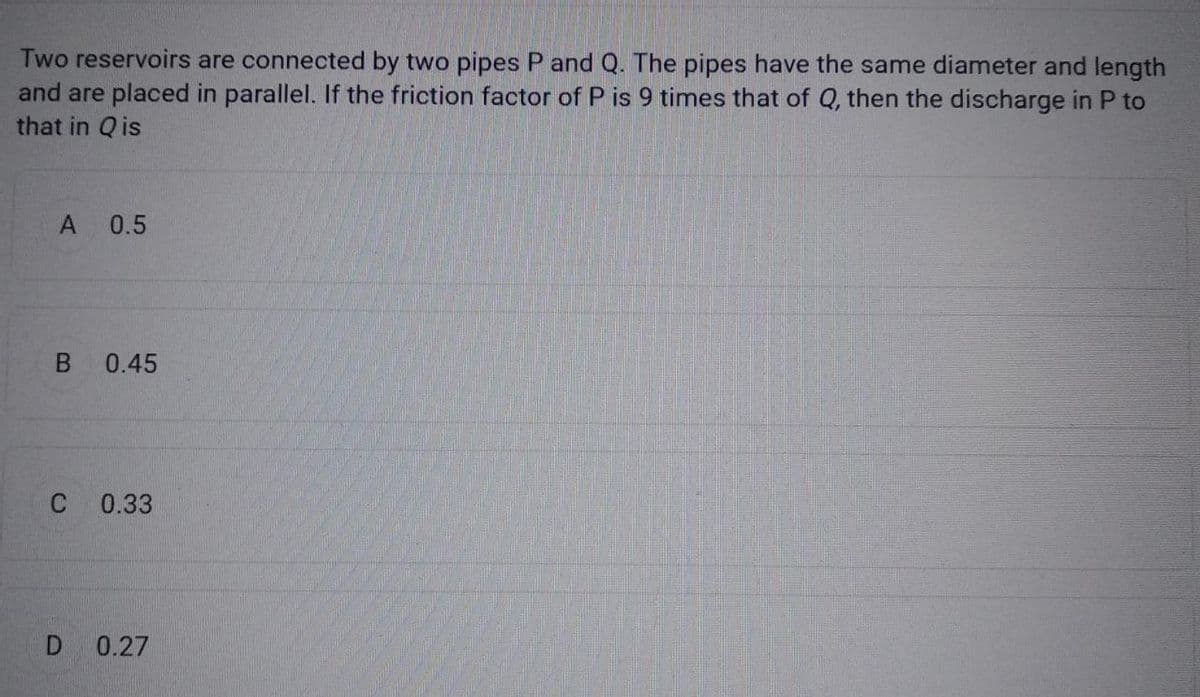 Two reservoirs are connected by two pipes P and Q. The pipes have the same diameter and length
and are placed in parallel. If the friction factor of P is 9 times that of Q, then the discharge in P to
that in Qis
A 0.5
B 0.45
C 0.33
0.27