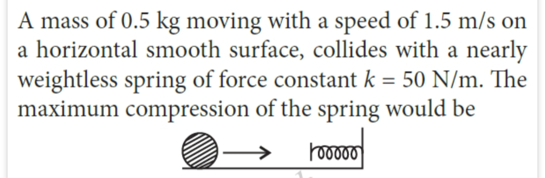 A mass of 0.5 kg moving with a speed of 1.5 m/s on
a horizontal smooth surface, collides with a nearly
weightless spring of force constant k = 50 N/m. The
maximum compression of the spring would be
Fooooo