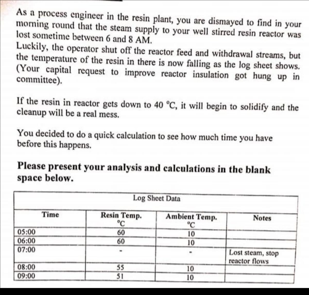 As a process engineer in the resin plant, you are dismayed to find in your
morning round that the steam supply to your well stirred resin reactor was
lost sometime between 6 and 8 AM.
Luckily, the operator shut off the reactor feed and withdrawal streams, but
the temperature of the resin in there is now falling as the log sheet shows.
(Your capital request to improve reactor insulation got hung up in
committee).
If the resin in reactor gets down to 40 °C, it will begin to solidify and the
cleanup will be a real mess.
You decided to do a quick calculation to see how much time you have
before this happens.
Please present your analysis and calculations in the blank
space below.
Log Sheet Data
Time
Resin Temp.
Ambient Temp.
Notes
°C
°C
05:00
60
10
06:00
60
10
07:00
Lost steam, stop
reactor flows
08:00
55
10
09:00
51
10