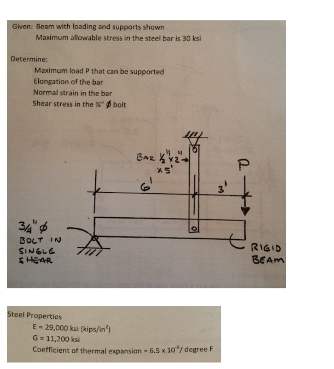 Given: Beam with loading and supports shown
Maximum allowable stress in the steel bar is 30 ksi
Determine:
Maximum load P that can be supported
Elongation of the bar
Normal strain in the bar
Shear stress in the " Ø bolt
BAR K2
x5'
3'
34"
BOLT IN
SINGLE
SHEAR
RIGID
BEAM
Steel Properties
E = 29,000 ksi (kips/in')
G = 11,200 ksi
Coefficient of thermal expansion = 6.5 x 10/ degree F
