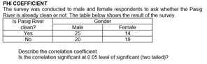 PHI COEFFICIENT
The survey was conducted to male and female respondents to ask whether the Pasig
River is already clean or not. The table below shows the result of the survey.
Is Pasig River
Gender
clean?
Male
Female
Yes
25
14
No
20
19
Describe the correlation coefficient.
Is the correlation significant at 0.05 level of significant (two tailed)?