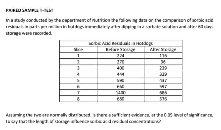 PAIRED SAMPLE T-TEST
In a study conducted by the department of Nutrition the following data on the comparison of sorbic acid
residuals in parts per million in hotdogs immediately after dipping in a sorbate solution and after 60 days
storage were recorded.
Sorbic Acid Residuals in Hotdogs
Before Storage
Slice
After Storage
1
224
116
2
270
96
3
400
239
4
444
329
5
590
437
660
597
7
1400
686
8
680
576
Assuming the two are normally distributed. Is there a sufficient evidence, at the 0.05 level of significance,
to say that the length of storage influence sorbic acid residual concentrations?
6