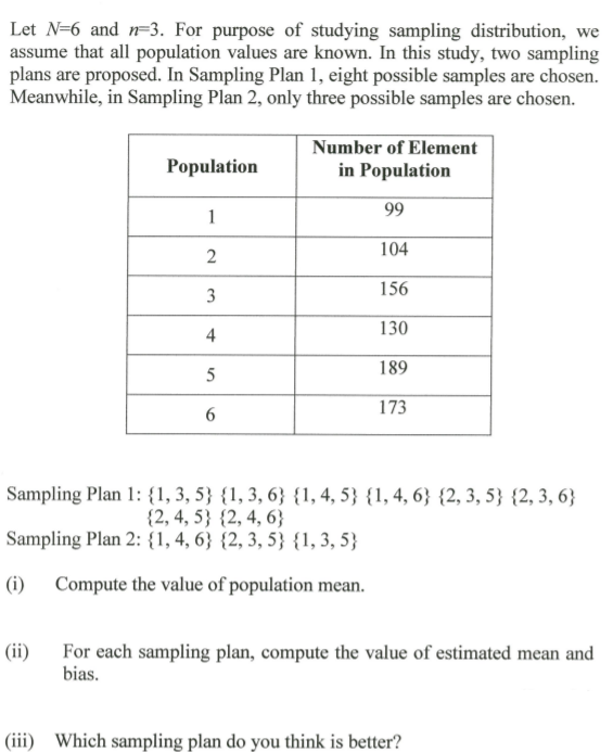 Let N=6 and n=3. For purpose of studying sampling distribution, we
assume that all population values are known. In this study, two sampling
plans are proposed. In Sampling Plan 1, eight possible samples are chosen.
Meanwhile, in Sampling Plan 2, only three possible samples are chosen.
Number of Element
Population
in Population
99
1
2
104
3
156
130
4
189
173
6
Sampling Plan 1: {1, 3, 5} {1, 3, 6} {1,4, 5} {1,4, 6} {2, 3, 5} {2, 3, 6}
{2, 4, 5} {2, 4, 6}
Sampling Plan 2: {1, 4, 6} {2, 3, 5} {1, 3, 5}
(i) Compute the value of population mean.
(ii)
For each sampling plan, compute the value of estimated mean and
bias.
(iii) Which sampling plan do you think is better?
