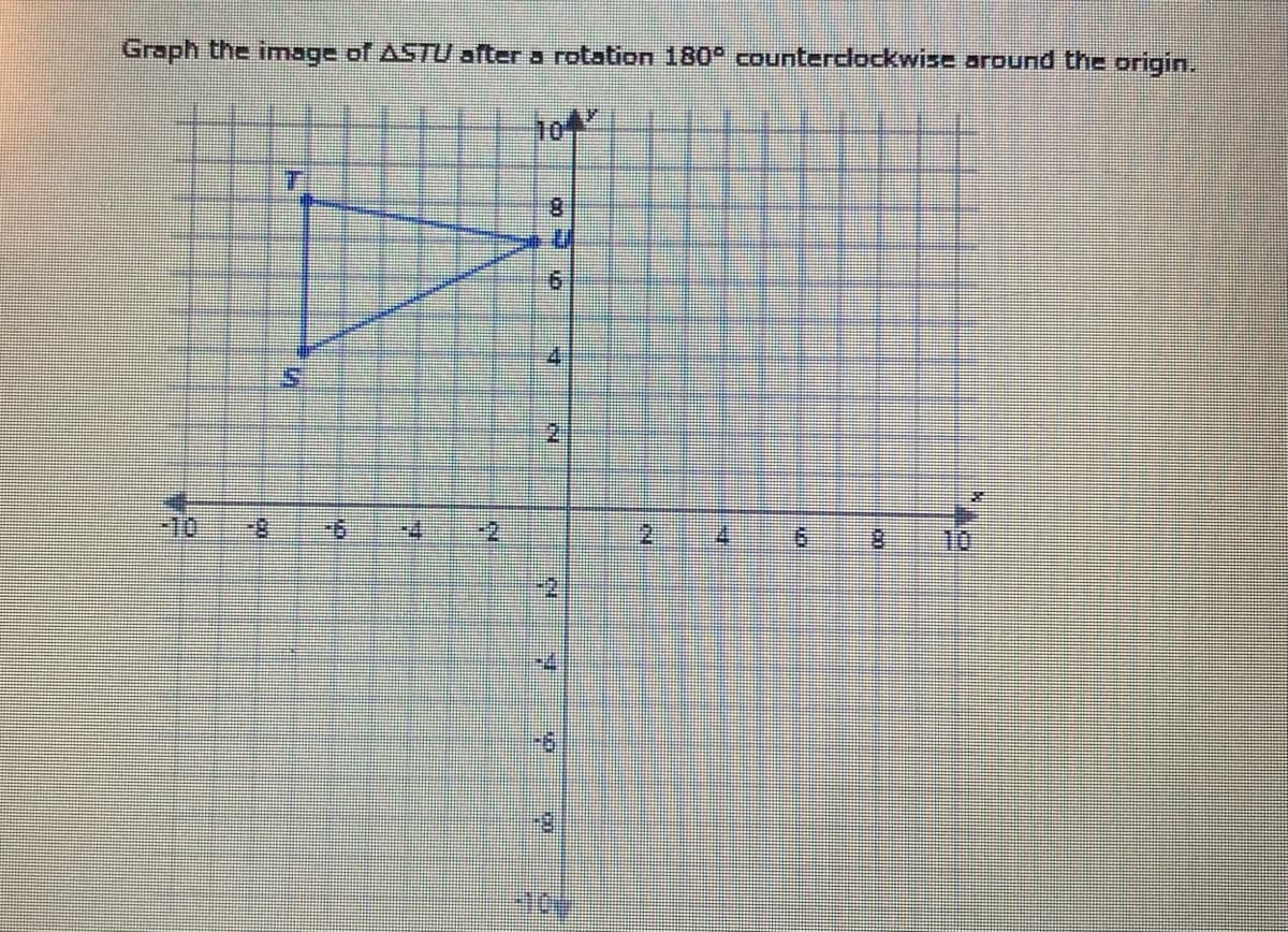 Graph the image of ASTU after a rotation 180° counterclockwise around the origin.
104
8.
4.
2.
-10
-2
10
2.
