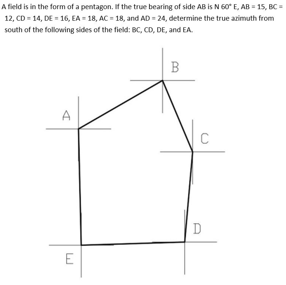 A field is in the form of a pentagon. If the true bearing of side AB is N 60° E, AB = 15, BC =
12, CD = 14, DE = 16, EA = 18, AC = 18, and AD = 24, determine the true azimuth from
%3D
%3D
south of the following sides of the field: BC, CD, DE, and EA.
B
A
Vo
C
D
E
