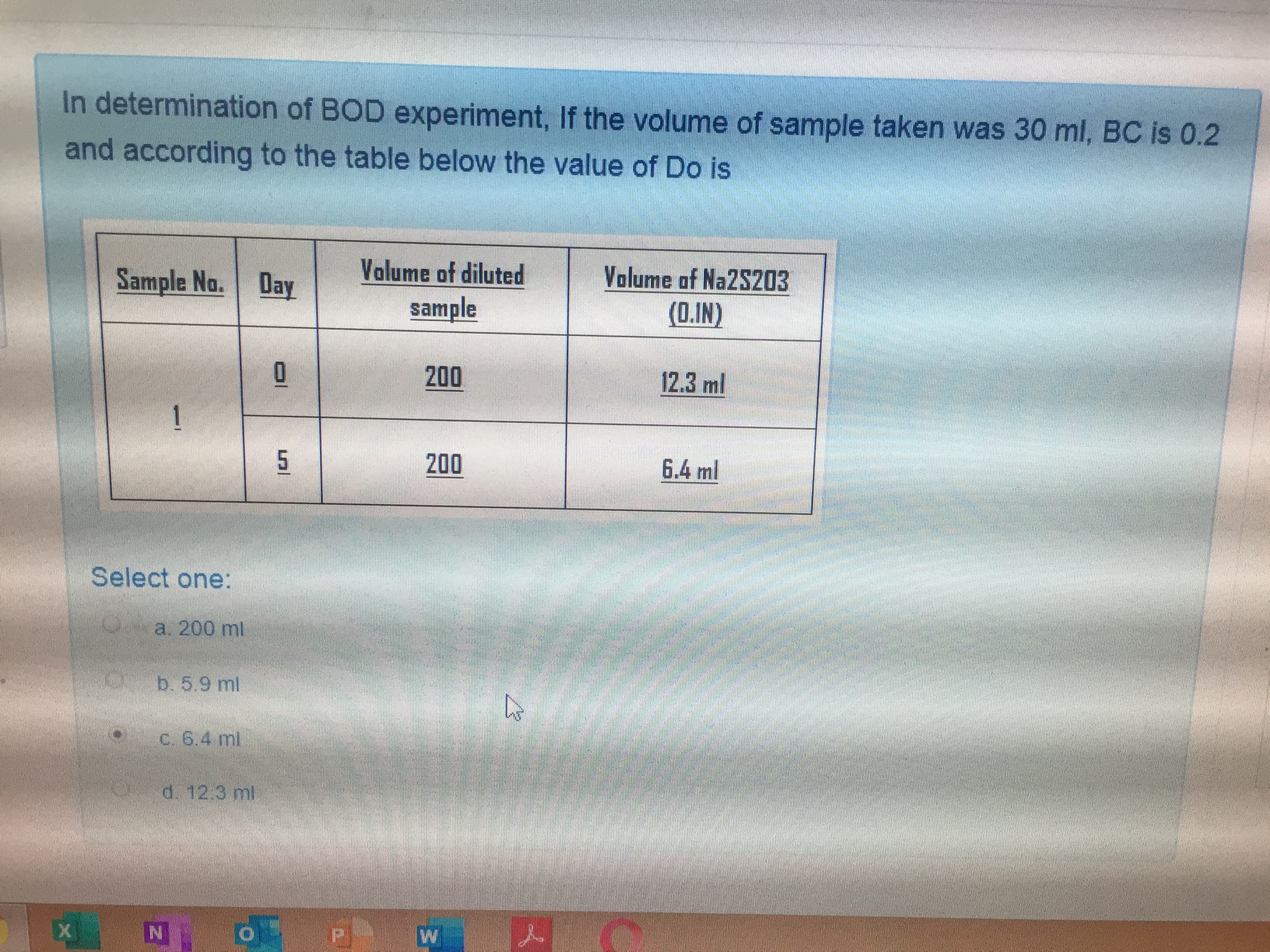 In determination of BOD experiment, If the volume of sample taken was 30 ml, BC is 0.2
and according to the table below the value of Do is
