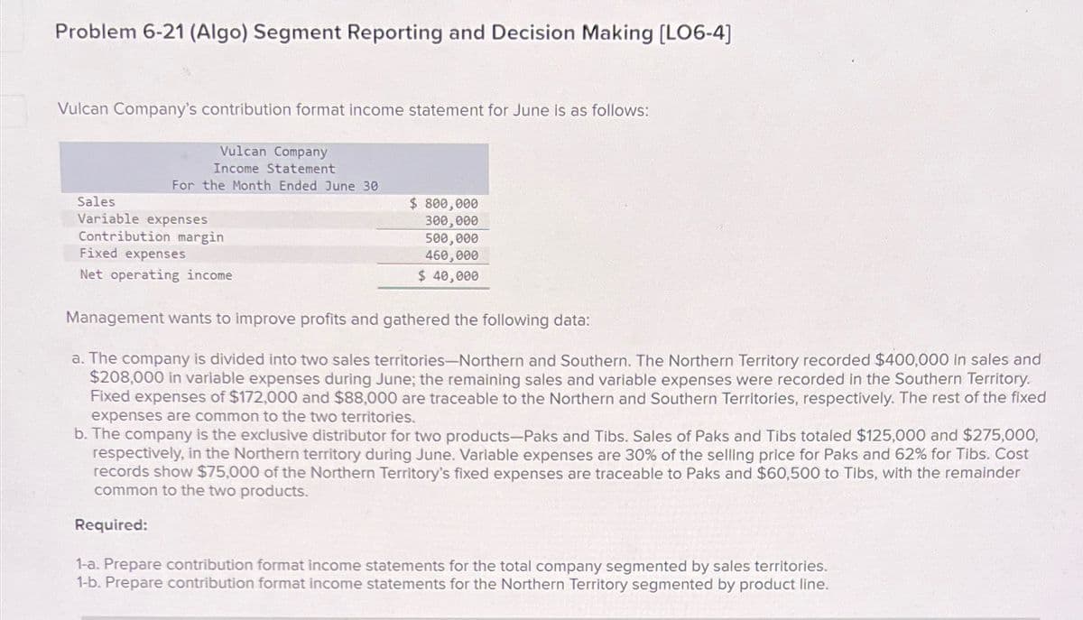 Problem 6-21 (Algo) Segment Reporting and Decision Making [LO6-4]
Vulcan Company's contribution format income statement for June is as follows:
Vulcan Company
Income Statement
For the Month Ended June 30
Sales.
Variable expenses
Contribution margin
Fixed expenses
Net operating income
$ 800,000
300,000
500,000
460,000
$ 40,000
Management wants to improve profits and gathered the following data:
a. The company is divided into two sales territories-Northern and Southern. The Northern Territory recorded $400,000 in sales and
$208,000 in variable expenses during June; the remaining sales and variable expenses were recorded in the Southern Territory.
Fixed expenses of $172,000 and $88,000 are traceable to the Northern and Southern Territories, respectively. The rest of the fixed
expenses are common to the two territories.
b. The company is the exclusive distributor for two products-Paks and Tibs. Sales of Paks and Tibs totaled $125,000 and $275,000,
respectively, in the Northern territory during June. Variable expenses are 30% of the selling price for Paks and 62% for Tibs. Cost
records show $75,000 of the Northern Territory's fixed expenses are traceable to Paks and $60,500 to Tibs, with the remainder
common to the two products.
Required:
1-a. Prepare contribution format income statements for the total company segmented by sales territories.
1-b. Prepare contribution format income statements for the Northern Territory segmented by product line.