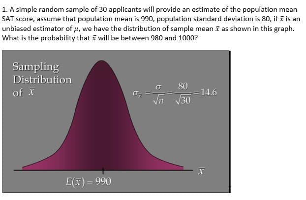 1. A simple random sample of 30 applicants will provide an estimate of the population mean
SAT score, assume that population mean is 990, population standard deviation is 80, if i is an
unbiased estimator of u, we have the distribution of sample mean i as shown in this graph.
What is the probability that i will be between 980 and 1000?
Sampling
Distribution
80
=14.6
Vn V30
of x
E(x) = 990
