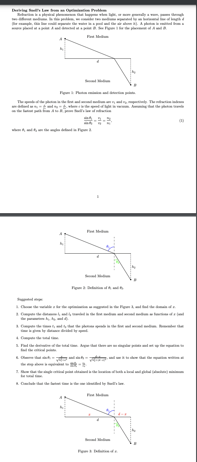 Deriving Snell's Law from an Optimization Problem
Refraction is a physical phenomenon that happens when light, or more generally a wave, passes through
two different mediums. In this problem, we consider two mediums separated by an horizontal line of length d
(for example, this line could separate the water in a pool and the air above it). A photon is emitted from a
source placed at a point A and detected at a point B. See Figure 1 for the placement of A and B.
First Medium
A
h₁
d
Second Medium
B
Figure 1: Photon emission and detection points.
The speeds of the photon in the first and second medium are v₁ and #2, respectively. The refraction indexes
are defined as n₁and n₂ = where c is the speed of light in vacuum. Assuming that the photon travels
on the fastest path from A to B, prove Snell's law of refraction
sin 01
ปา
sin 02
v2
where 01 and 02 are the angles defined in Figure 2.
First Medium
A
d
Second Medium
B
Figure 2: Definition of 1 and 02.
(1)
Suggested steps:
1. Choose the variabler for the optimization as suggested in the Figure 3, and find the domain of r.
2. Compute the distances 1 and 2 traveled in the first medium and second medium as functions of r (and
the parameters h₁, h₂, and d).
3. Compute the times t₁ and t₂ that the photons spends in the first and second medium. Remember that
time is given by distance divided by speed.
4. Compute the total time.
5. Find the derivative of the total time. Argue that there are no singular points and set up the equation to
find the critical points.
6. Observe that sin 01√+ and sin ₂ =
d-z
, and use it to show that the equation written at
the step above is equivalent to sint
0
sin ₂
U2
7. Show that the single critical point obtained is the location of both a local and global (absolute) minimum
for total time.
8. Conclude that the fastest time is the one identified by Snell's law.
First Medium
d-2
I
d
Second Medium
B
Figure 3: Definition of 2.