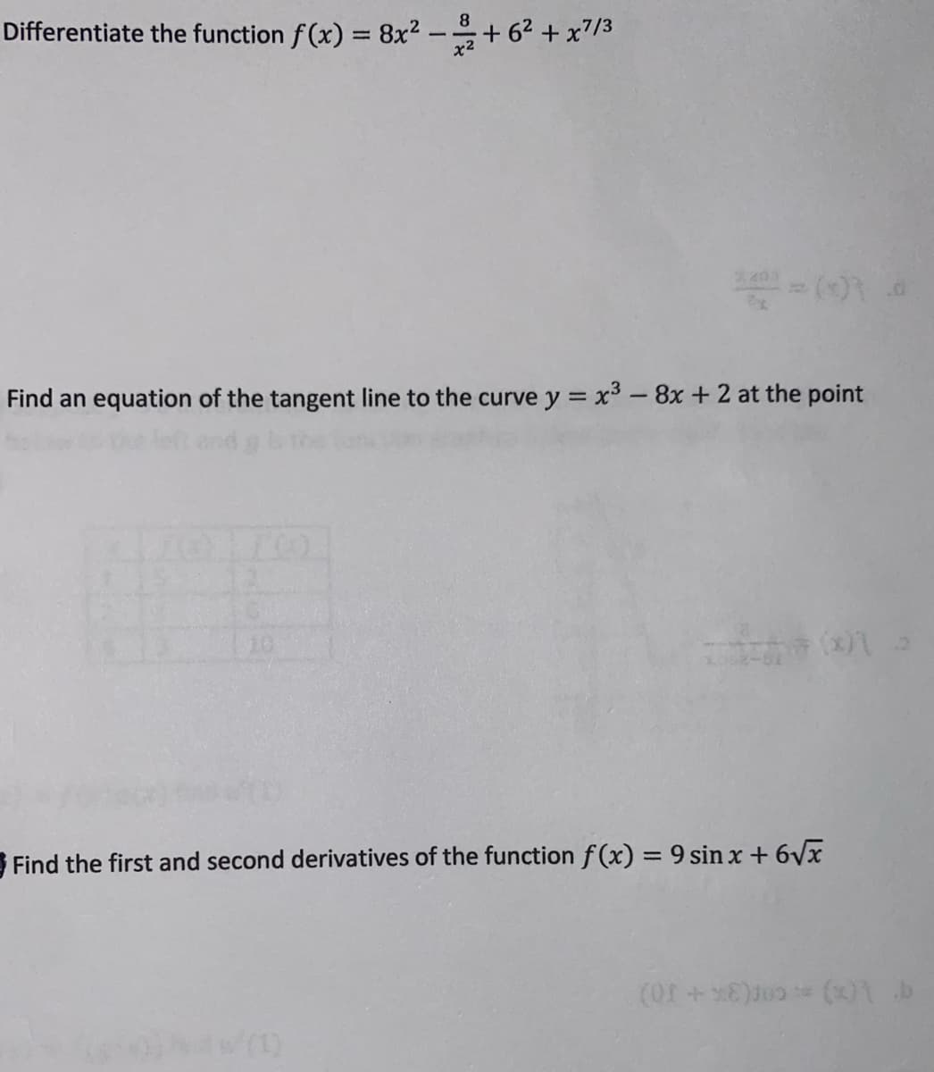 Differentiate the function f(x) = 8x². +6²+x7/3
8
x2
$200 = (0) d
Find an equation of the tangent line to the curve y = x³ - 8x + 2 at the point
Find the first and second derivatives of the function f(x) = 9 sinx + 6√x
(01+x)=(x)\_b