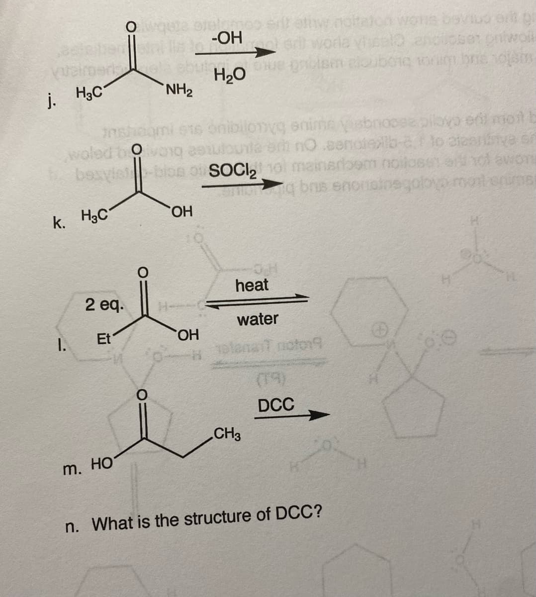 j. H3C
I.
ins
k. H3C
O
m. Ho
orelamos elf athw.noitatch WORE 09/10 9 ge
-OH
da vi zelo
H₂O
NH₂
916 onibilonygonime
woled tvang
basyle-bion of SOCI₂01 meinerboom
OH
2 eq.
1
Et
OH
ontwoll
ue grise alubone toram bre solam
sih nO sendiepilb
emerg brus snorisinegoloy
heat
CH3
water
planai nictor9
loose pillova eni mo
DCC
n. What is the structure of DCC?
va 57
ni enumer