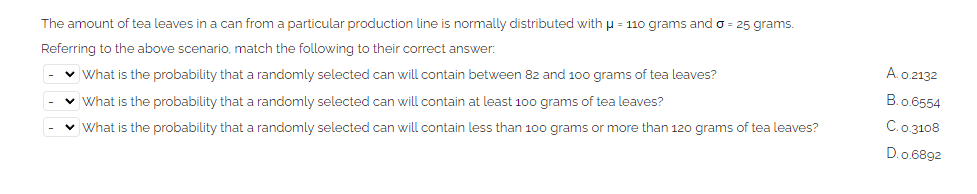 The amount of tea leaves in a can from a particular production line is normally distributed with u = 110 grams and o = 25 grams.
Referring to the above scenario, match the following to their correct answer:
A.o.2132
v What is the probability that a randomly selected can will contain between 82 and 100 grams of tea leaves?
B.o.6554
v What is the probability that a randomly selected can will contain at least 100 grams of tea leaves?
C.o.3108
v What is the probability that a randomly selected can will contain less than 100 grams or more than 120 grams of tea leaves?
D.o.6892
