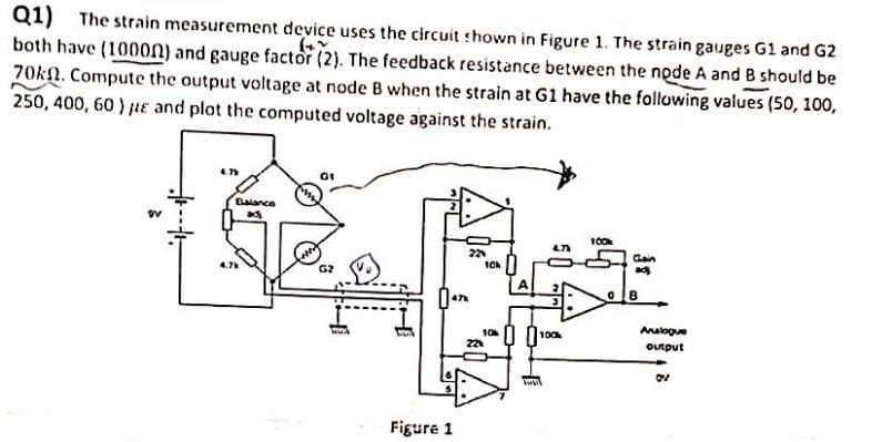 Q1) The strain measurement device uses the circuit shown in Figure 1. The strain gauges G1 and G2
both have (10000) and gauge factor (2). The feedback resistance between the node A and B should be
70kn. Compute the output voltage at node B when the strain at G1 have the following values (50, 100,
250, 400, 60) ɛ and plot the computed voltage against the strain.
6.79
Balance
100k
22%
Gain
10k
G2
47K
Figure 1
22%
10
0
8
00100
E
Analogue
output
Ov