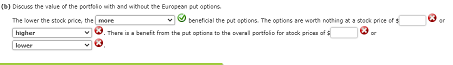 (b) Discuss the value of the portfolio with and without the European put options.
The lower the stock price, the more
beneficial the put options. The options are worth nothing at a stock price of $
or
higher
. There is a benefit from the put options to the overall portfolio for stock prices of $
or
lower
