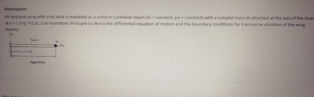 Description
An airplane wing with a tip tank is modeled as a uniform cantilever beam (El = constant, pA = constant) with a lumped mass M attached at the axis of the bean
at x = L (Fig. P12.6). Use Hamilton's Principle to derive the differential equation of motion and the boundary conditions for transverse vibration of the wing
%3D
(beam).
Figure P12.6
