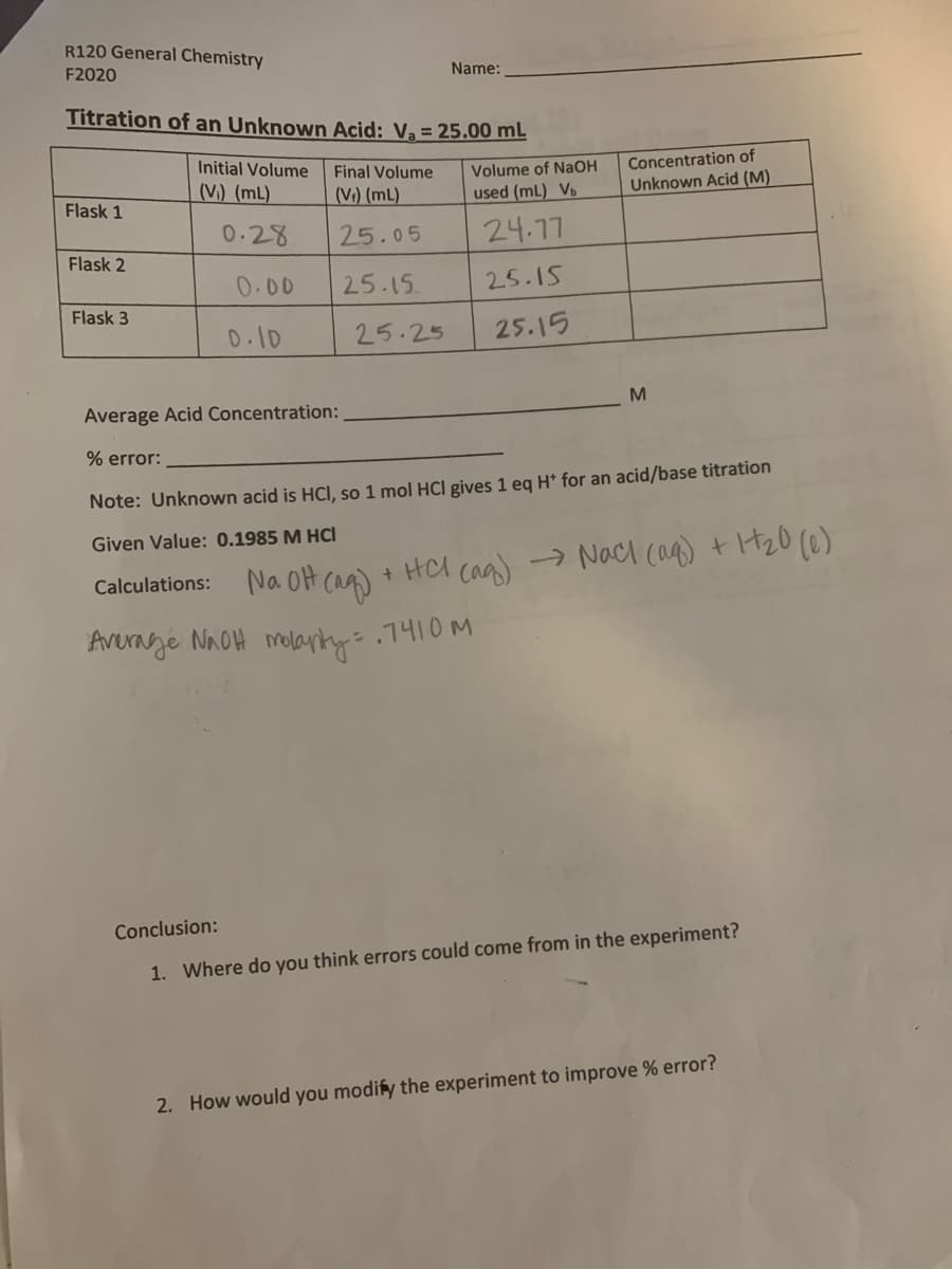 R120 General Chemistry
Name:
F2020
Titration of an Unknown Acid: Va = 25.00 mL
Concentration of
Unknown Acid (M)
Initial Volume
Final Volume
Volume of NaOH
(V.) (mL)
(V:) (mL)
used (mL) Vb
Flask 1
0.28
25.05
24.17
Flask 2
0.00
25.15
25.15
Flask 3
D.10
25.25
25.15
M
Average Acid Concentration:
% error:
Note: Unknown acid is HCl, so 1 mol HCl gives 1 eg H* for an acid/base titration
Given Value: 0.1985 M HCI
Calculations: Na OH (aq)
+ HA caa) → Nacl cag) t H20 (@)
Avernge NnOH molarty= .7410M
Conclusion:
1. Where do you think errors could come from in the experiment?
2. How would you modify the experiment to improve % error?
