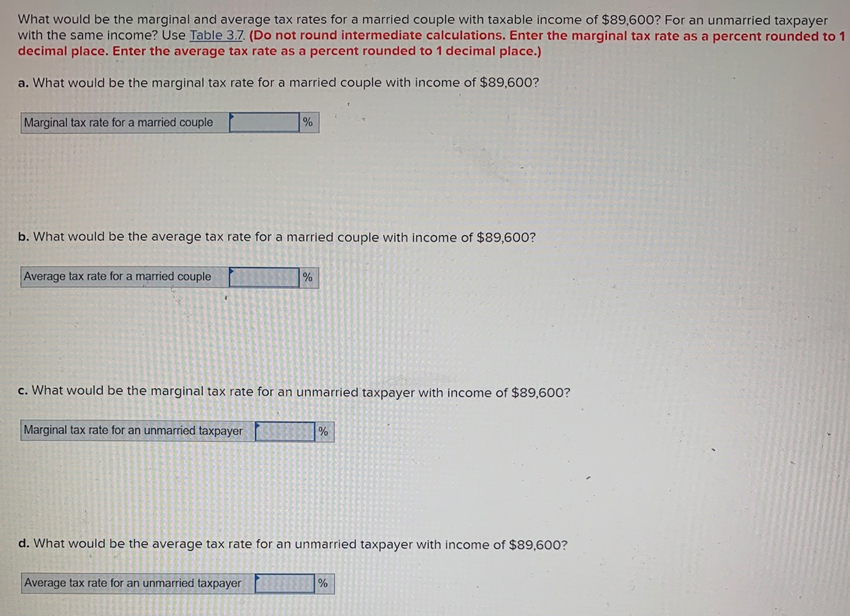 What would be the marginal and average tax rates for a married couple with taxable income of $89,600? For an unmarried taxpayer
with the same income? Use Table 3.7. (Do not round intermediate calculations. Enter the marginal tax rate as a percent rounded to 1
decimal place. Enter the average tax rate as a percent rounded to 1 decimal place.)
a. What would be the marginal tax rate for a married couple with income of $89,600?
Marginal tax rate for a married couple
b. What would be the average tax rate for a married couple with income of $89,600?
Average tax rate for a married couple
%
Marginal tax rate for an unmarried taxpayer
c. What would be the marginal tax rate for an unmarried taxpayer with income of $89,600?
%
Average tax rate for an unmarried taxpayer
%
d. What would be the average tax rate for an unmarried taxpayer with income of $89,600?
%