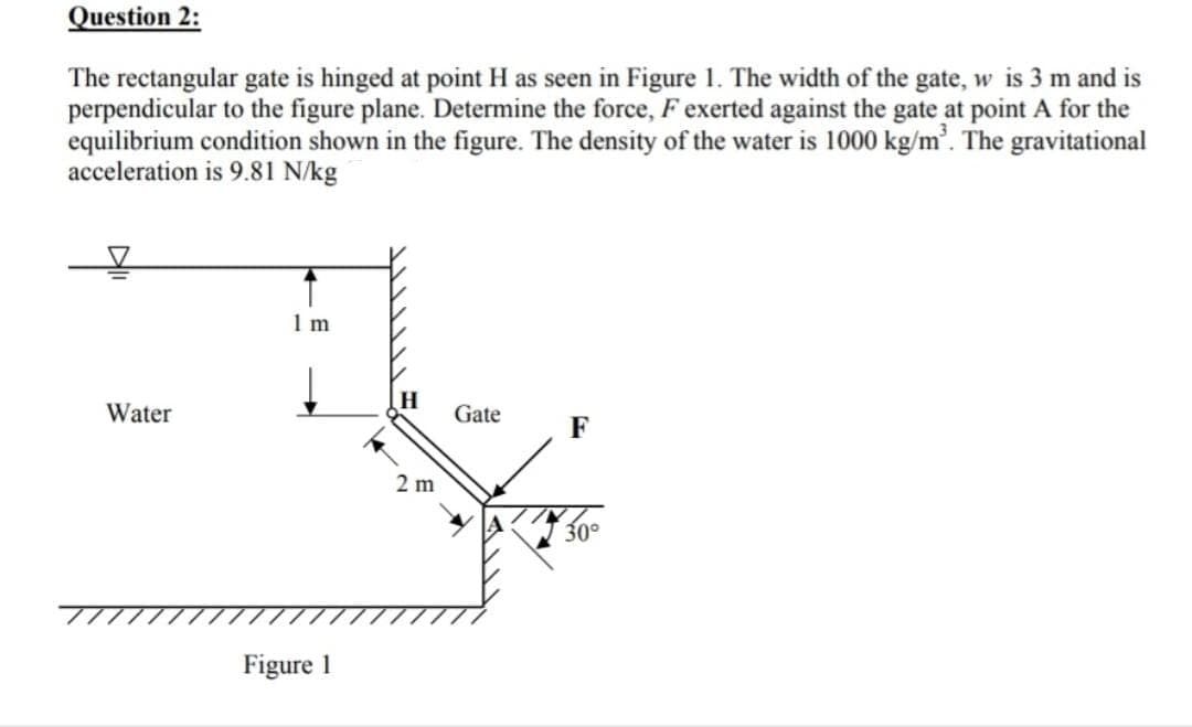 Question 2:
The rectangular gate is hinged at point H as seen in Figure 1. The width of the gate, w is 3 m and is
perpendicular to the figure plane. Determine the force, F exerted against the gate at point A for the
equilibrium condition shown in the figure. The density of the water is 1000 kg/m'. The gravitational
acceleration is 9.81 N/kg
1 m
Water
Gate
F
2 m
30°
Figure 1
