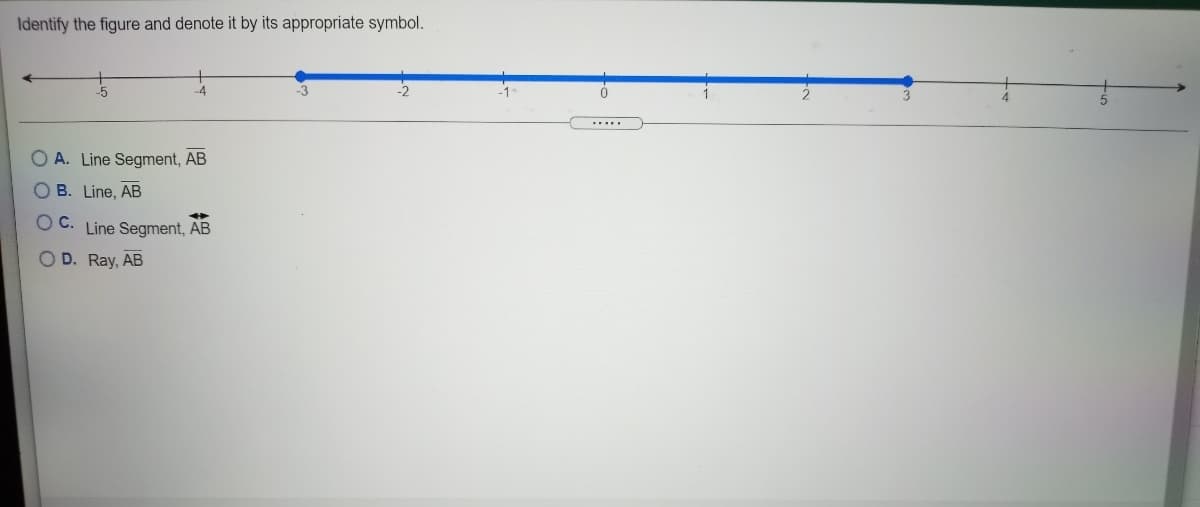 Identify the figure and denote it by its appropriate symbol.
O A. Line Segment, AB
B. Line, AB
OC.
Line Segment, AB
O D. Ray, AB
