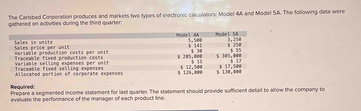 The Carlsbad Corporation produces and markets two types of electronic calculators: Model 4A and Model 5A. The following data were
gathered on activities during the third quarter:
Sales in units
Sales price per unit
Variable production costs per unit
Traceable fixed production costs
Variable selling expenses per unit
Traceable fixed selling expenses
Allocated portion of corporate expenses
Model 4A
5,500
$ 141
$ 30
$ 205,000
Model 5A
MAN 3,250
$ 250
$ 55
$ 305,000
$ 15
$ 17
$ 12,500
$ 126,000
$ 17,500
$ 130,000
Required:
Prepare a segmented income statement for last quarter. The statement should provide sufficient detail to allow the company to
evaluate the performance of the manager of each product line.