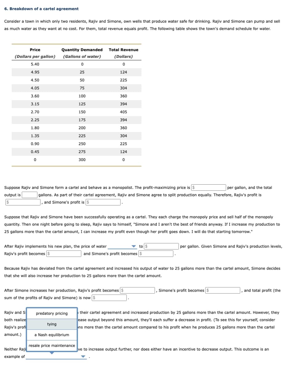 6. Breakdown of a cartel agreement
Consider a town in which only two residents, Rajiv and Simone, own wells that produce water safe for drinking. Rajiv and Simone can pump and sell
as much water as they want at no cost. For them, total revenue equals profit. The following table shows the town's demand schedule for water.
Price
(Dollars per gallon)
Quantity Demanded Total Revenue
(Gallons of water)
(Dollars)
5.40
0
0
4.95
25
124
4.50
50
225
4.05
75
304
3.60
100
360
3.15
125
394
2.70
150
405
2.25
175
394
1.80
200
360
1.35
225
304
0.90
250
225
0.45
275
124
0
300
0
per gallon, and the total
Suppose Rajiv and Simone form a cartel and behave as a monopolist. The profit-maximizing price is $
output is
gallons. As part of their cartel agreement, Rajiv and Simone agree to split production equally. Therefore, Rajiv's profit is
and Simone's profit is $
s
Suppose that Rajiv and Simone have been successfully operating as a cartel. They each charge the monopoly price and sell half of the monopoly
quantity. Then one night before going to sleep, Rajiv says to himself, "Simone and I aren't the best of friends anyway. If I increase my production to
25 gallons more than the cartel amount, I can increase my profit even though her profit goes down. I will do that starting tomorrow."
to $
and Simone's profit becomes $
After Rajiv implements his new plan, the price of water
Rajiv's profit becomes $
per gallon. Given Simone and Rajiv's production levels,
Because Rajiv has deviated from the cartel agreement and increased his output of water to 25 gallons more than the cartel amount, Simone decides
that she will also increase her production to 25 gallons more than the cartel amount.
After Simone increases her production, Rajiv's profit becomes $
sum of the profits of Rajiv and Simone) is now $
Rajiv and S
both realize
predatory pricing
tying
Rajiv's profi
amount.)
Neither Raji
example of
a Nash equilibrium
resale price maintenance
Simone's profit becomes $
and total profit (the
their cartel agreement and increased production by 25 gallons more than the cartel amount. However, they
ease output beyond this amount, they'll each suffer a decrease in profit. (To see this for yourself, consider
ns more than the cartel amount compared to his profit when he produces 25 gallons more than the cartel
ve to increase output further, nor does either have an incentive to decrease output. This outcome is an