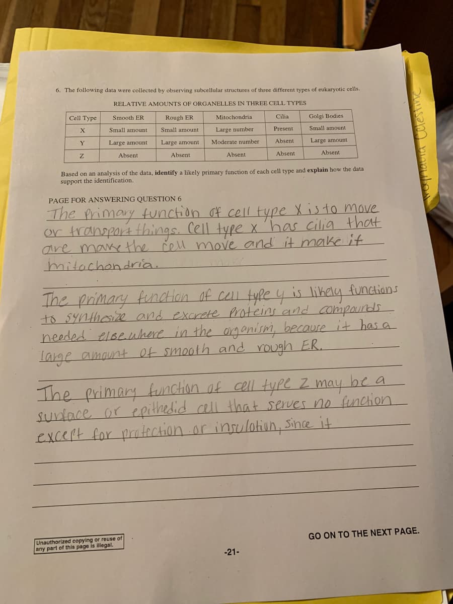 6. The following data were collected by observing subcellular structures of three different types of eukaryotic cells.
RELATIVE AMOUNTS OF ORGANELLES IN THREE CELL TYPES
Cell Type
Smooth ER
Rough ER
Mitochondria
Cilia
Golgi Bodies
Small amount
Small amount
Large number
Present
Small amount.
Y
Large amount
Large amount
Moderate number
Absent
Large amount
Absent
Absent
Absent
Absent
Absent
Based on an analysis of the data, identify a likely primary function of each cell type and explain how the data
support the identification.
PAGE FOR ANSWERING QUESTION 6
The Primary function of cell type Xisto move
or tranoport things. Cell type x has cilia that
are mak the čell move and it make it
mitachondria.
is likely
The primary fundlon of cell tyle y
to SYnthosize and excrete proteins and compaunds
needed elseuhere in the organism, becaure it has a
Targe amaunt Of smooth and rough ER.
functions
function of cell type
be a
The primary
Surface or epithedid cell that serves no function
excert for protection.or insulotiun, Since it
may
Unauthorized copying or reuse of
any part of this page is illegal.
GO ON TO THE NEXT PAGE.
-21-
