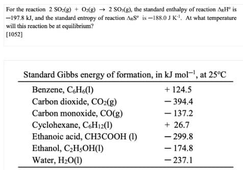 For the reaction 2 SO2(g) + O2(g) → 2 SO3(g), the standard enthalpy of reaction ARH° is
-197.8 kJ, and the standard entropy of reaction ARS is -188.0 J K¹. At what temperature
will this reaction be at equilibrium?
[1052]
Standard Gibbs energy of formation, in kJ mol-¹, at 25°C
Benzene, C6H6(1)
+ 124.5
Carbon dioxide, CO2(g)
- 394.4
Carbon monoxide, CO(g)
- 137.2
Cyclohexane, C6H₁2(1)
+ 26.7
Ethanoic acid, CH3COOH (1)
- 299.8
Ethanol, C₂H5OH(1)
- 174.8
Water, H₂O(1)
-237.1