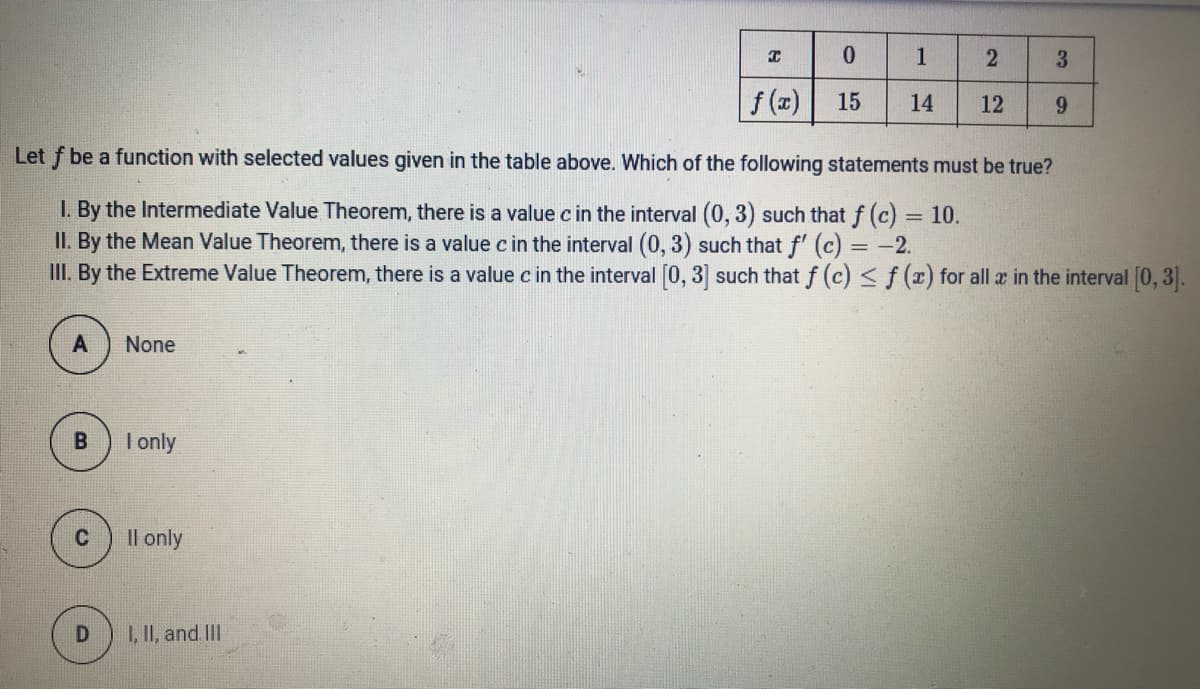 0.
1
3
f (z)
15
14
12
Let f be a function with selected values given in the table above. Which of the following statements must be true?
I. By the Intermediate Value Theorem, there is a value c in the interval (0, 3) such that f (c) = 10.
II. By the Mean Value Theorem, there is a value c in the interval (0, 3) such that f' (c) = -2.
III. By the Extreme Value Theorem, there is a value c in the interval [0, 3] such that f (c) <f (x) for all a in the interval [0, 3.
%3D
None
I only
Il only
I, II, and II
21
