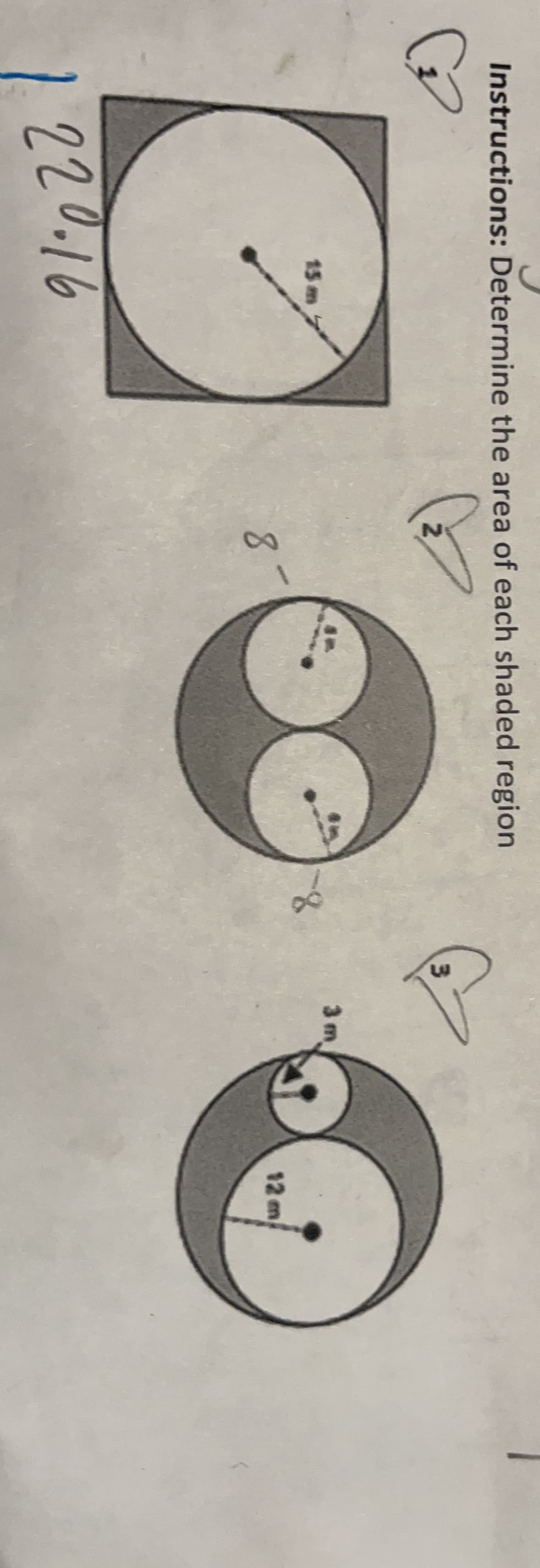 Instructions: Determine the area of each shaded region
G
15 m
1.220.16
2
8
-3
₂
3
3m
12 m