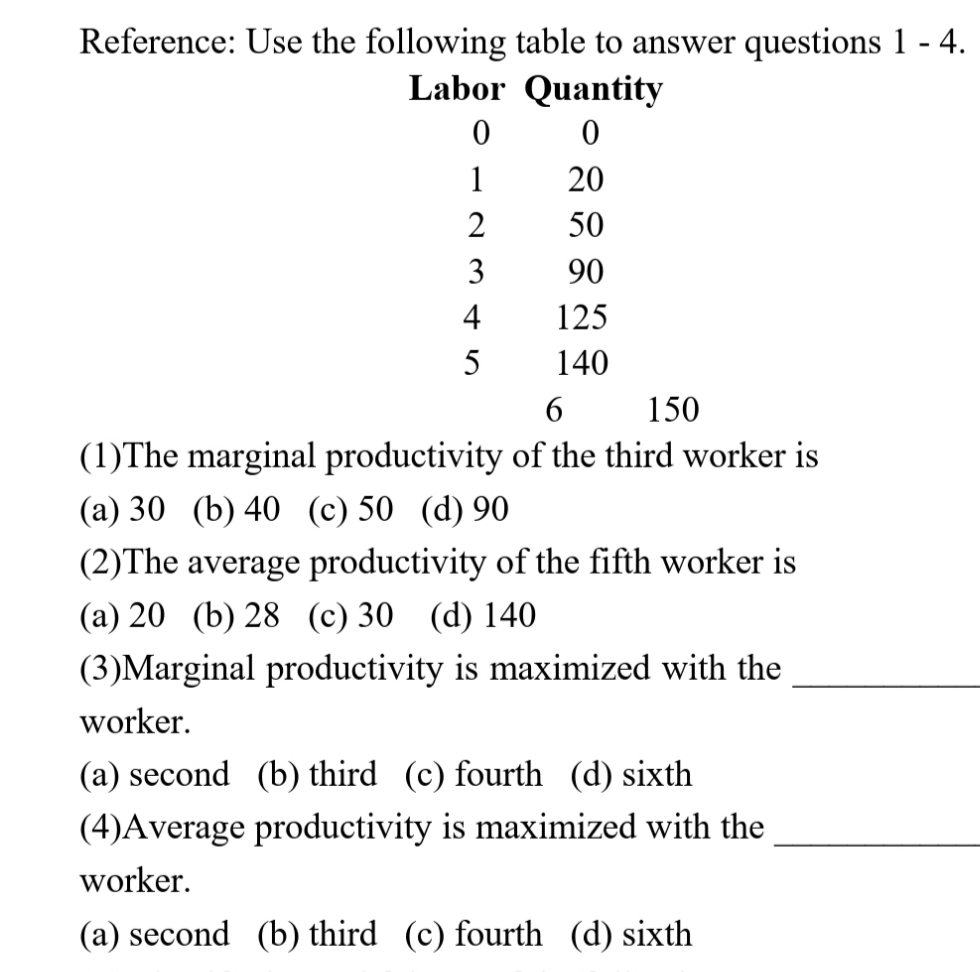 Reference: Use the following table to answer questions 1 - 4.
Labor Quantity
1
20
50
3
90
4
125
5
140
6
150
(1)The marginal productivity of the third worker is
(a) 30 (b) 40 (c) 50 (d) 90
(2)The average productivity of the fifth worker is
(a) 20 (b) 28 (c) 30 (d) 140
(3)Marginal productivity is maximized with the
worker.
(a) second (b) third (c) fourth (d) sixth
(4)Average productivity is maximized with the
worker.
(a) second (b) third (c) fourth (d) sixth
