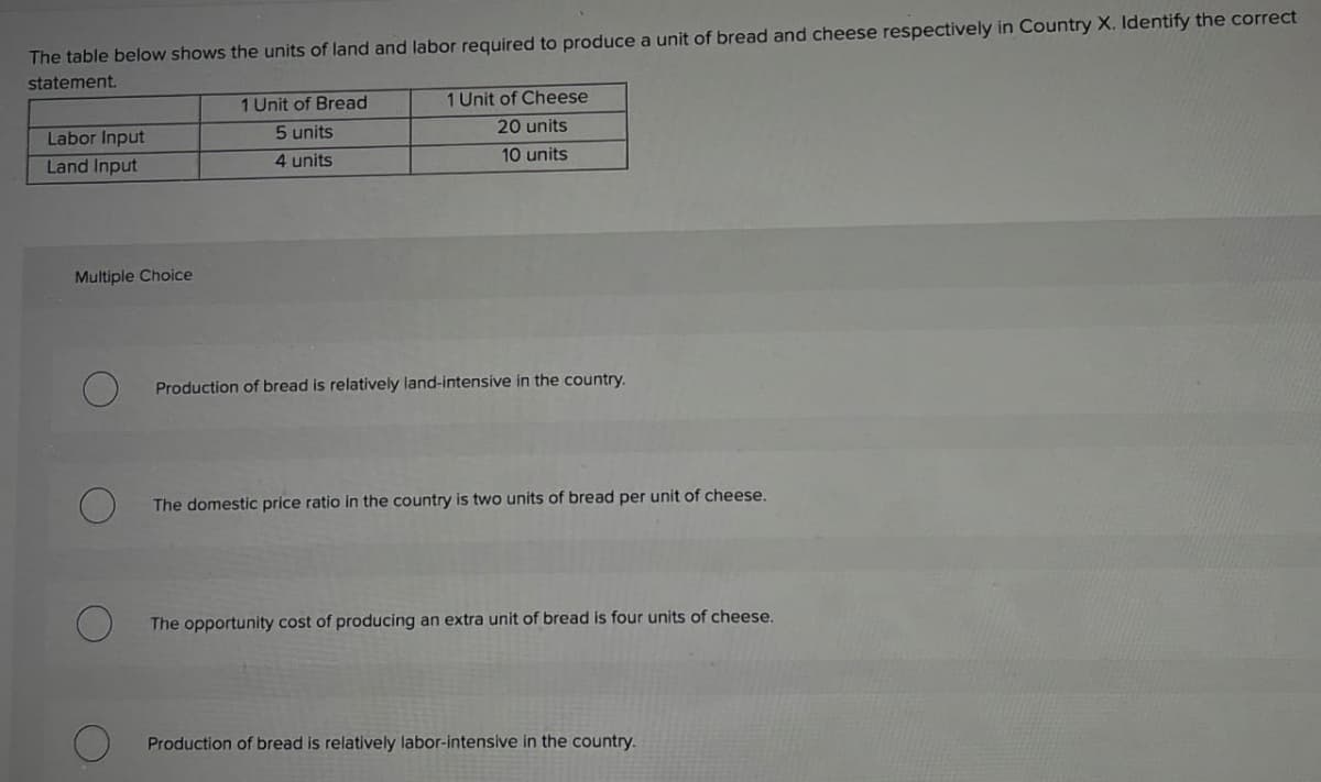 The table below shows the units of land and labor required to produce a unit of bread and cheese respectively in Country X. Identify the correct
statement.
1 Unit of Cheese
Labor Input
Land Input
Multiple Choice
1 Unit of Bread
5 units
4 units
20 units
10 units
O
Production of bread is relatively land-intensive in the country.
О
The domestic price ratio in the country is two units of bread per unit of cheese.
О
The opportunity cost of producing an extra unit of bread is four units of cheese.
Production of bread is relatively labor-intensive in the country.