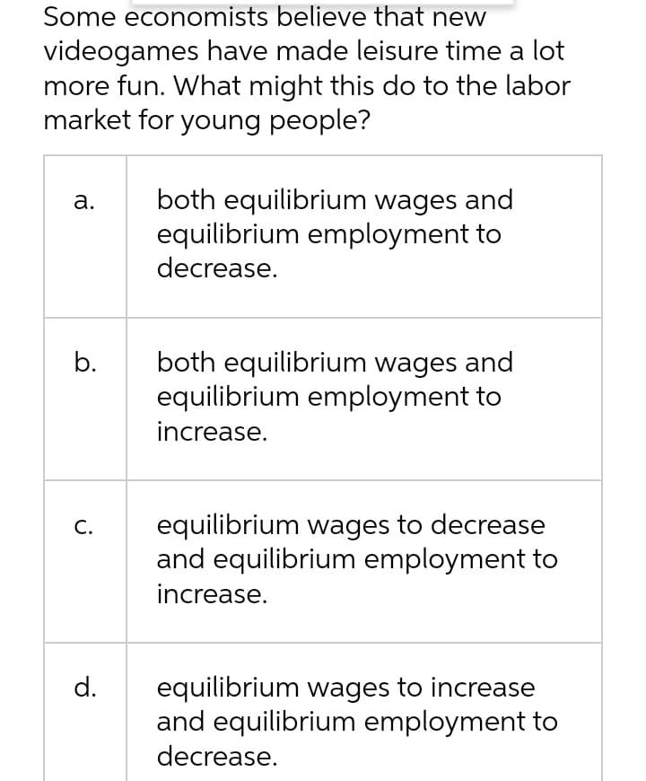 Some economists believe that new
videogames have made leisure time a lot
more fun. What might this do to the labor
market for young people?
both equilibrium wages and
equilibrium employment to
decrease.
а.
both equilibrium wages and
equilibrium employment to
b.
increase.
equilibrium wages to decrease
and equilibrium employment to
С.
increase.
equilibrium wages to increase
and equilibrium employment to
d.
decrease.
