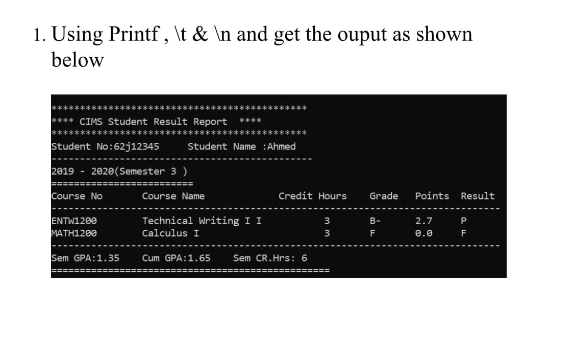 1. Using Printf, \t & \n and get the ouput as shown
below
*********
**********
*********
**** CIMS Student Result Report
****
*********************************************
Student No:62j12345
Student Name :Ahmed
2019 - 202(Semester 3 )
========
Course No
Course Name
Credit Hours
Grade
Points Result
ENTW1200
MATH1200
Technical Writing I I
3
В-
2.7
P
Calculus I
3
F
0.0
F
Sem GPA:1.35
Cum GPA:1.65
Sem CR.Hrs: 6
===:
