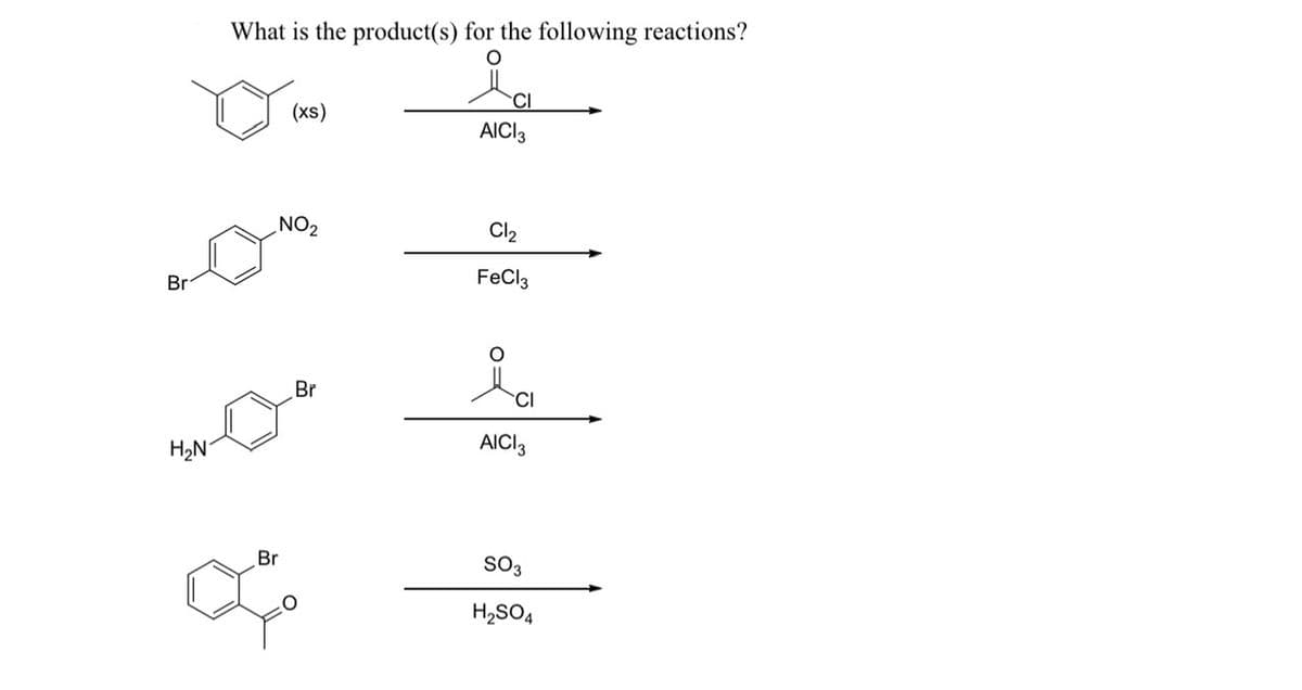 Br
H₂N
What is the product(s) for the following reactions?
ia
AICI 3
(xs)
NO₂
Br
Br
Cl₂
FeCl3
AICI 3
SO3
H₂SO4