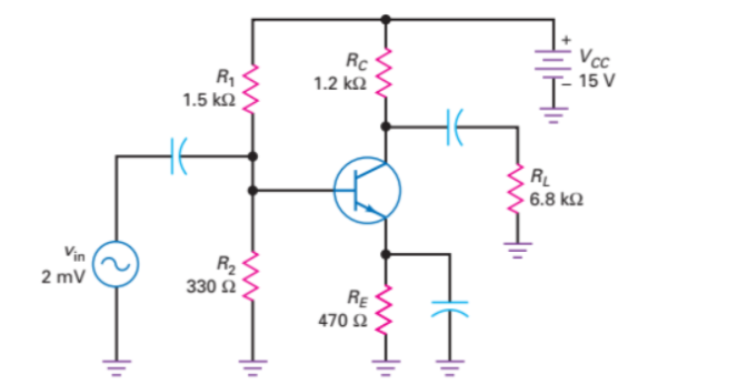 Rc
1.2 k2
Vcc
15 V
R1
1.5 k
RL
- 6.8 k2
2 mv
R2
330 2
RE
470 2
