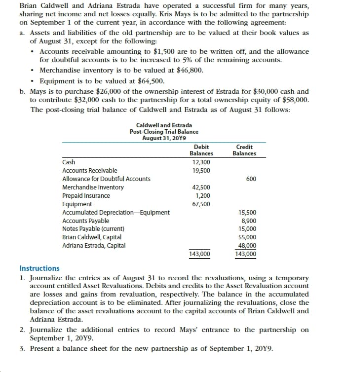 Brian Caldwell and Adriana Estrada have operated a successful firm for many years,
sharing net income and net losses equally. Kris Mays is to be admitted to the partnership
on September 1 of the current year, in accordance with the following agreement:
a. Assets and liabilities of the old partnership are to be valued at their book values as
of August 31, except for the following:
• Accounts receivable amounting to $1,500 are to be written off, and the allowance
for doubtful accounts is to be increased to 5% of the remaining accounts.
• Merchandise inventory is to be valued at $46,800.
• Equipment is to be valued at $64,500.
b. Mays is to purchase $26,000 of the ownership interest of Estrada for $30,000 cash and
to contribute $32,000 cash to the partnership for a total ownership equity of $58,000.
The post-closing trial balance of Caldwell and Estrada as of August 31 follows:
Caldwell and Estrada
Post-Closing Trial Balance
August 31, 20Y9
Debit
Balances
Credit
Balances
Cash
12,300
Accounts Receivable
19,500
Allowance for Doubtful Accounts
600
Merchandise Inventory
Prepaid Insurance
Equipment
Accumulated Depreciation-Equipment
Accounts Payable
Notes Payable (current)
Brian Caldwell, Capital
Adriana Estrada, Capital
42,500
1,200
67,500
15,500
8,900
15,000
55,000
48,000
143,000
143,000
Instructions
1. Journalize the entries as of August 31 to record the revaluations, using a temporary
account entitled Asset Revaluations. Debits and credits to the Asset Revaluation account
are losses and gains from revaluation, respectively. The balance in the accumulated
depreciation account is to be eliminated. After journalizing the revaluations, close the
balance of the asset revaluations account to the capital accounts of Brian Caldwell and
Adriana Estrada.
2. Journalize the additional entries to record Mays' entrance to the partnership on
September 1, 20Y9.
3. Present a balance sheet for the new partnership as of September 1, 20Y9.
