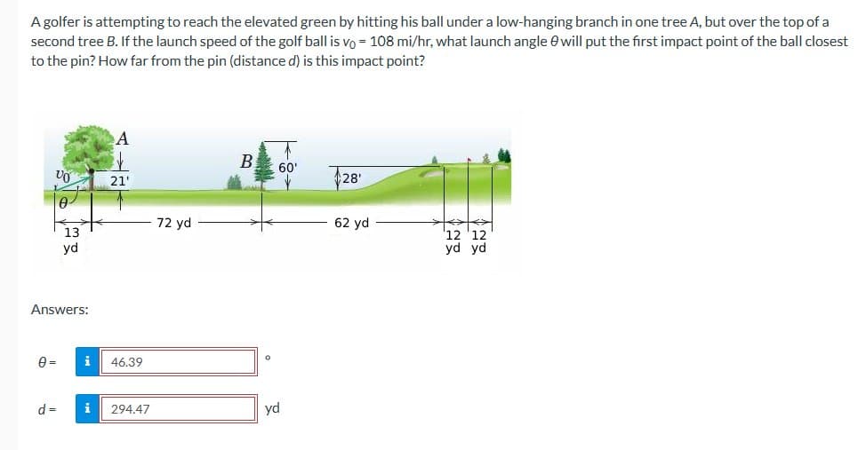 A golfer is attempting to reach the elevated green by hitting his ball under a low-hanging branch in one tree A, but over the top of a
second tree B. If the launch speed of the golf ball is vo= 108 mi/hr, what launch angle will put the first impact point of the ball closest
to the pin? How far from the pin (distance d) is this impact point?
VO
A
0=
13
Answers:
d =
yd
i
i
A
21'
46.39
294.47
72 yd
B
O
60'
yd
28'
62 yd
12