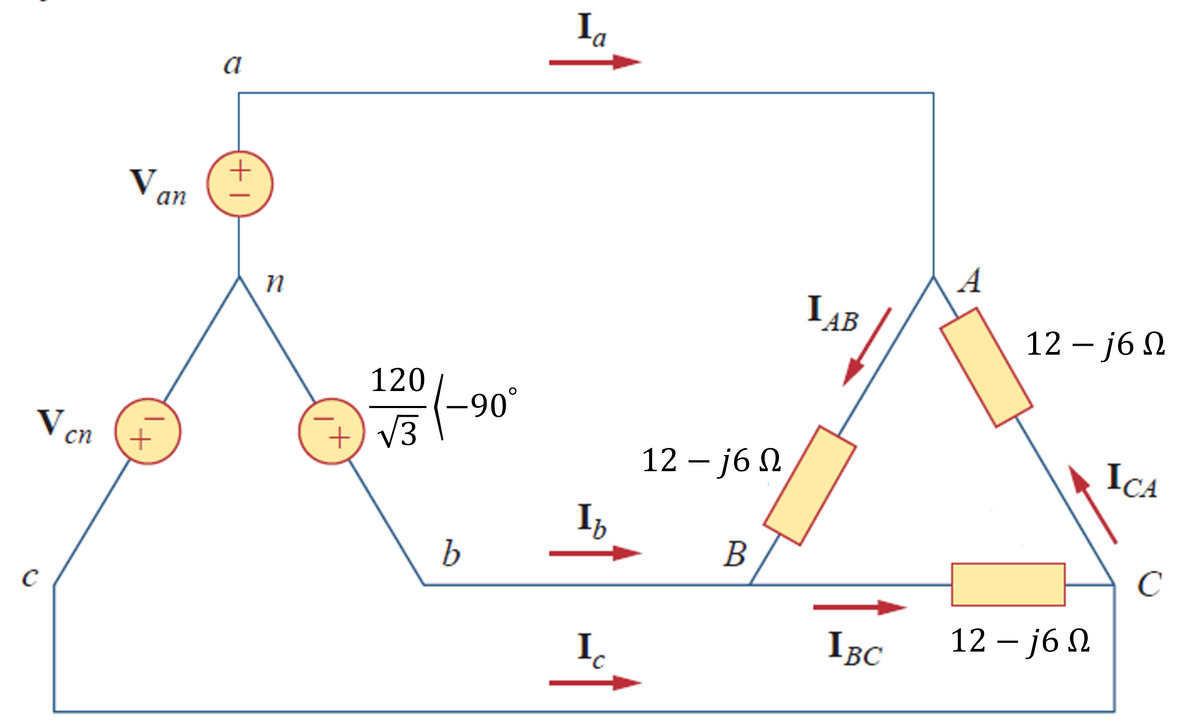 V
√ cn
с
Van
+
a
+1
n
120
+ √3
(-90°
b
Ia
Ib
Ic
12 – j6Ω
B
LAB
IBC
A
12 - j6 N
12- j6 N
ICA
с