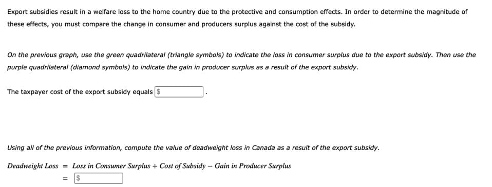 Export subsidies result in a welfare loss to the home country due to the protective and consumption effects. In order to determine the magnitude of
these effects, you must compare the change in consumer and producers surplus against the cost of the subsidy.
On the previous graph, use the green quadrilateral (triangle symbols) to indicate the loss in consumer surplus due to the export subsidy. Then use the
purple quadrilateral (diamond symbols) to indicate the gain in producer surplus as a result of the export subsidy.
The taxpayer cost of the export subsidy equals $
Using all of the previous information, compute the value of deadweight loss in Canada as a result of the export subsidy.
Deadweight Loss = Loss in Consumer Surplus + Cost of Subsidy Gain in Producer Surplus
-