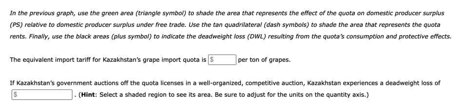 In the previous graph, use the green area (triangle symbol) to shade the area that represents the effect of the quota on domestic producer surplus
(PS) relative to domestic producer surplus under free trade. Use the tan quadrilateral (dash symbols) to shade the area that represents the quota
rents. Finally, use the black areas (plus symbol) to indicate the deadweight loss (DWL) resulting from the quota's consumption and protective effects.
The equivalent import tariff for Kazakhstan's grape import quota is $
per ton of grapes.
If Kazakhstan's government auctions off the quota licenses in a well-organized, competitive auction, Kazakhstan experiences a deadweight loss of
(Hint: Select a shaded region to see its area. Be sure to adjust for the units on the quantity axis.)
$