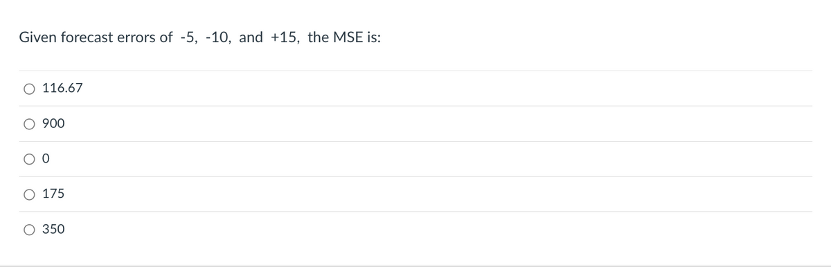 Given forecast errors of -5, -10, and +15, the MSE is:
116.67
900
0
175
350