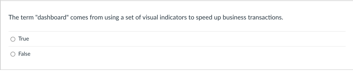 The term "dashboard" comes from using a set of visual indicators to speed up business transactions.
True
O False