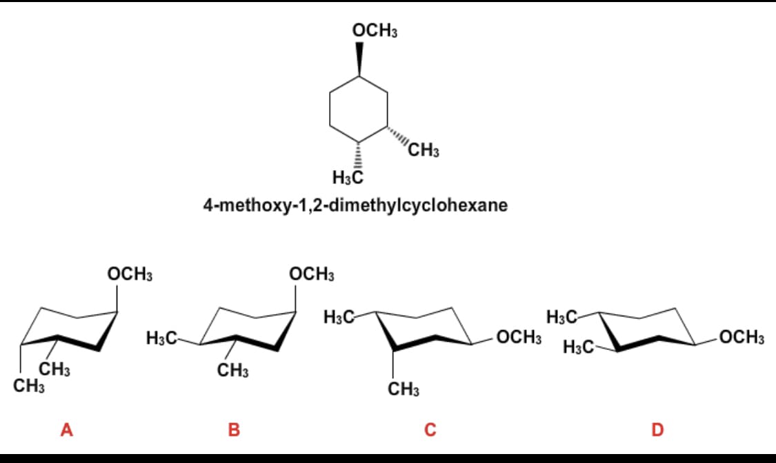 ### Stereochemistry and Cyclohexane Conformations: 4-Methoxy-1,2-Dimethylcyclohexane

In this educational segment, we will examine the stereochemistry and conformational analysis of a specific cyclohexane derivative, 4-methoxy-1,2-dimethylcyclohexane. Presented below is both the structural formula and four possible chair conformations of the molecule, labeled A, B, C, and D.

#### Structural Formula

The chemical structure of 4-methoxy-1,2-dimethylcyclohexane is shown at the top of the image. The core cyclohexane ring is substituted with the following groups:
- At position 4: a methoxy group (OCH₃)
- At positions 1 and 2: methyl groups (CH₃)

The stereochemistry indicates that the substituents at positions 1 and 2 (two methyl groups) are in different stereochemical orientations, with one group in equatorial and the other in axial positions depending on the conformation.

#### Chair Conformations

The bottom portion of the image illustrates four different chair conformations (A, B, C, D) for 4-methoxy-1,2-dimethylcyclohexane:

- **Conformation A:** In this conformation, the methoxy group is axial, and the two methyl groups at positions 1 and 2 are both equatorial.
- **Conformation B:** Here, the methoxy group is axial, the methyl group at position 1 is equatorial, and the methyl group at position 2 is axial.
- **Conformation C:** In this arrangement, the methoxy group is equatorial, the methyl group at position 1 is axial, and the methyl group at position 2 is equatorial.
- **Conformation D:** The methoxy group is equatorial, and the two methyl groups at positions 1 and 2 are both axial.

##### Graph Analysis

The image does not contain specific graphs, but the conformations serve as visual aids to help understand the molecule's three-dimensional shape and steric interactions. By examining these conformations, one can determine the most stable arrangement of substituents on the cyclohexane ring. Typically, substituents prefer to be in equatorial positions to minimize 1,3-diaxial interactions, which are more sterically hindered.

### Conclusion