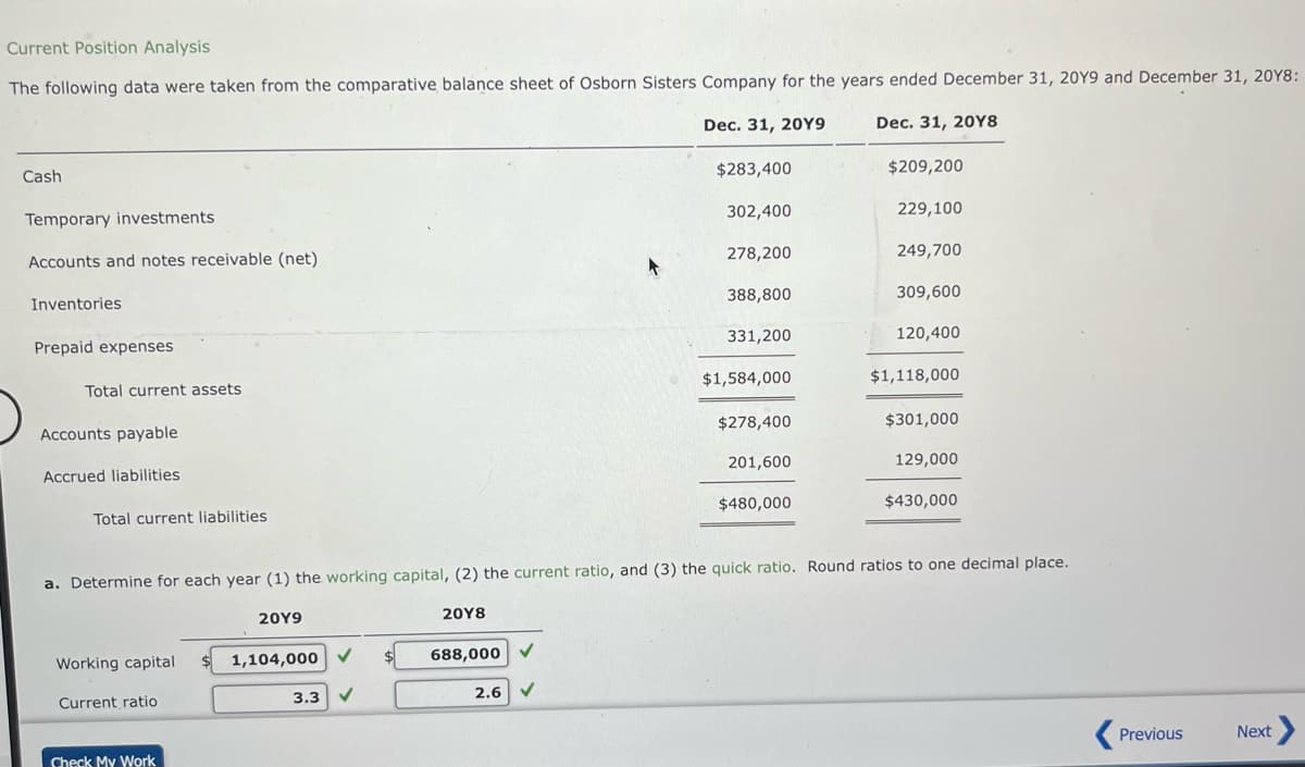 Current Position Analysis
The following data were taken from the comparative balance sheet of Osborn Sisters Company for the years ended December 31, 20Y9 and December 31, 20Y8:
Dec. 31, 20Y9
Dec. 31, 20Y8
$209,200
229,100
249,700
Cash
Temporary investments
Accounts and notes receivable (net)
Inventories
Prepaid expenses
Total current assets
Accounts payable
Accrued liabilities
Total current liabilities
Working capital
Current ratio
Check My Work
20Y9
1,104,000 ✓
3.3 ✓
20Y8
688,000
$283,400
2.6 ✔
302,400
278,200
388,800
a. Determine for each year (1) the working capital, (2) the current ratio, and (3) the quick ratio. Round ratios to one decimal place.
331,200
$1,584,000
$278,400
201,600
$480,000
309,600
120,400
$1,118,000
$301,000
129,000
$430,000
Previous
Next >