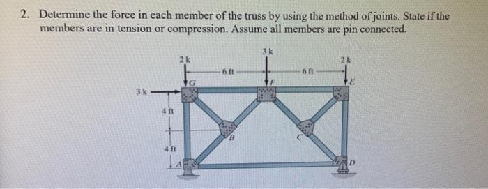 2. Determine the force in each member of the truss by using the method of joints. State if the
members are in tension or compression. Assume all members are pin connected.
3k
4 ft
4 ft
2 k
G
-6 ft
B
3k
6 ft
2 k
E
R D