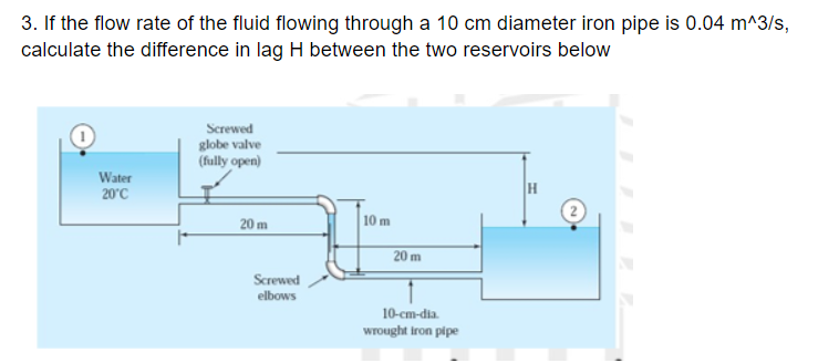 3. If the flow rate of the fluid flowing through a 10 cm diameter iron pipe is 0.04 m^3/s,
calculate the difference in lag H between the two reservoirs below
Screwed
globe valve
(fully open)
Water
20°C
H
20 m
10 m
20 m
Screwed
elbows
10-cm-dia.
wrought iron pipe
